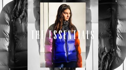 a woman wearing a puffer jacket overlayed with the text the essentials