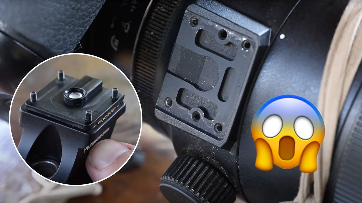 Removed Nikon Z 70-200mm f/2.8 VR S foot mounting plate, with inset roundel showing the foot with the plate attached. Screaming emoji in bottom-right corner 