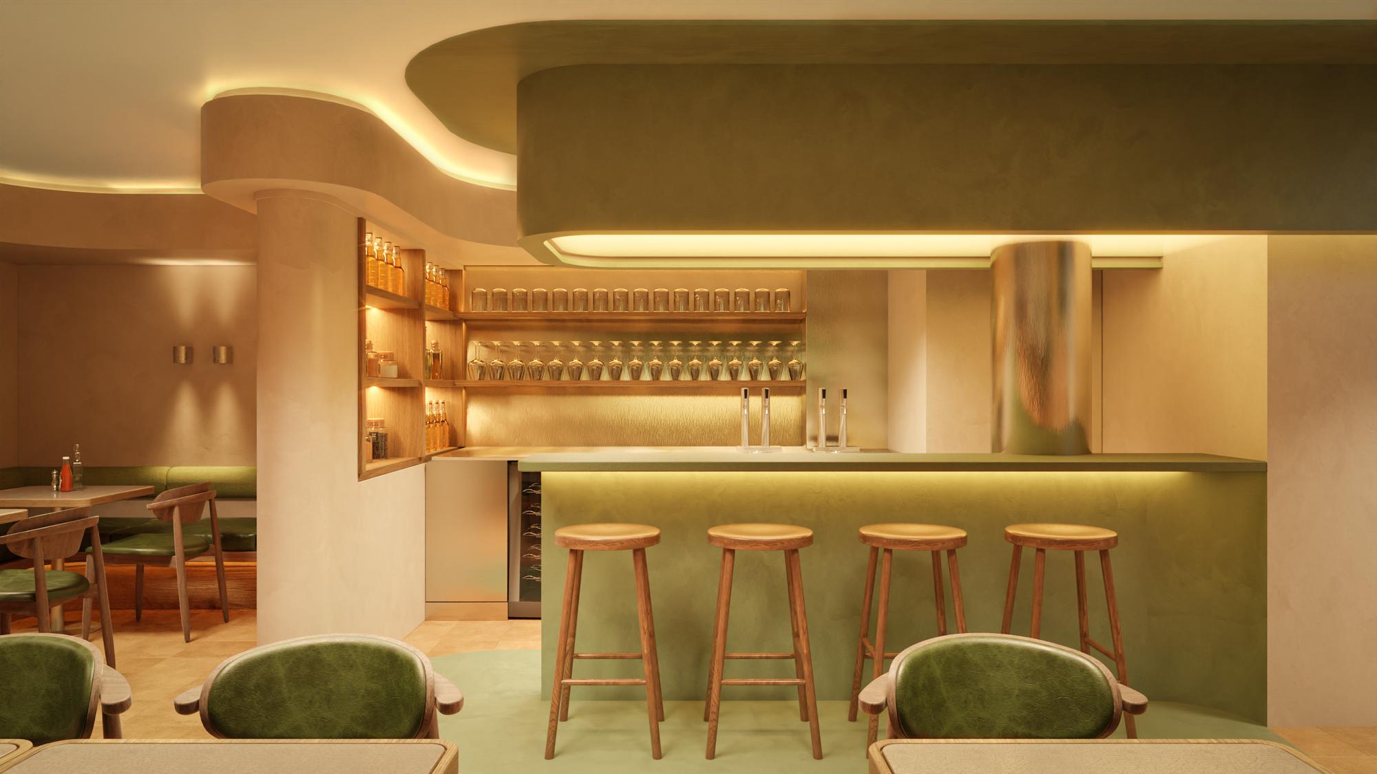 A matcha green-tinted restaurant and bar features back-lit surfaces with glowing light, sculptural lines, and woody accents mixing with chrome.