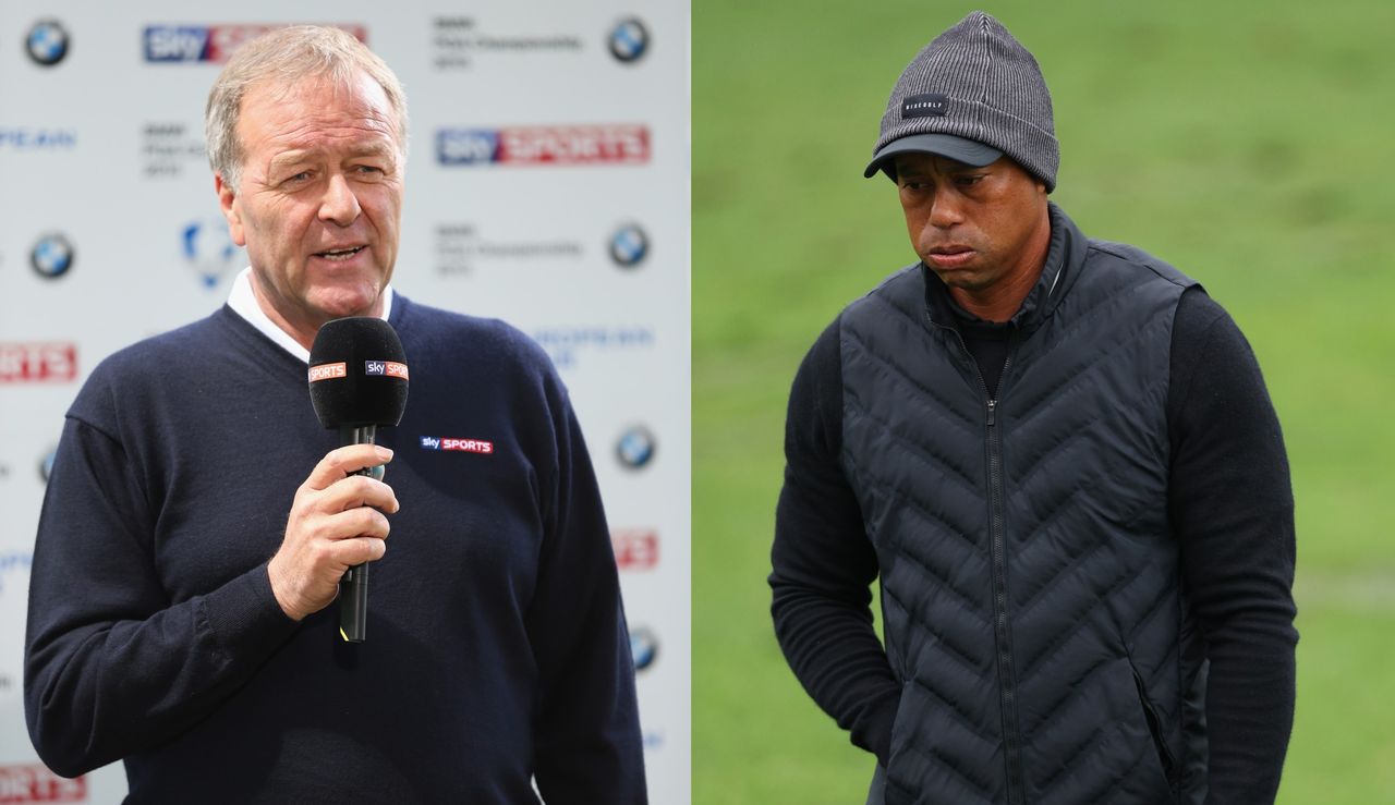 Murray holds a microphone whilst Tiger puffs out his cheeks whilst holding a fairway wood