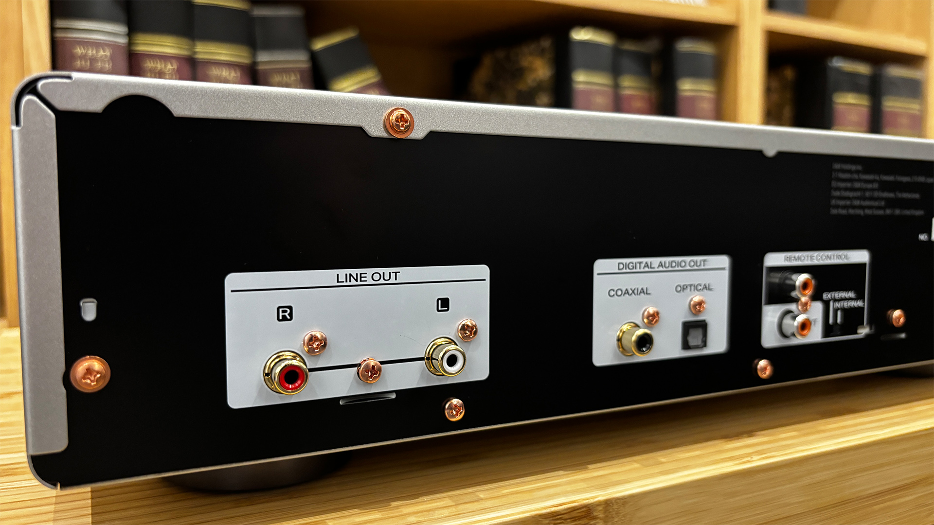 Marantz CD 70 CD player on wooden hi-fi rack, close up on connections