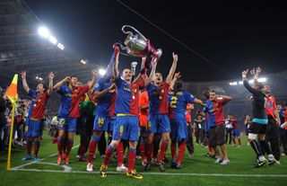 Andres Iniesta and his Barcelona team-mates celebrate their Champions League final win over Manchester United in 2009.