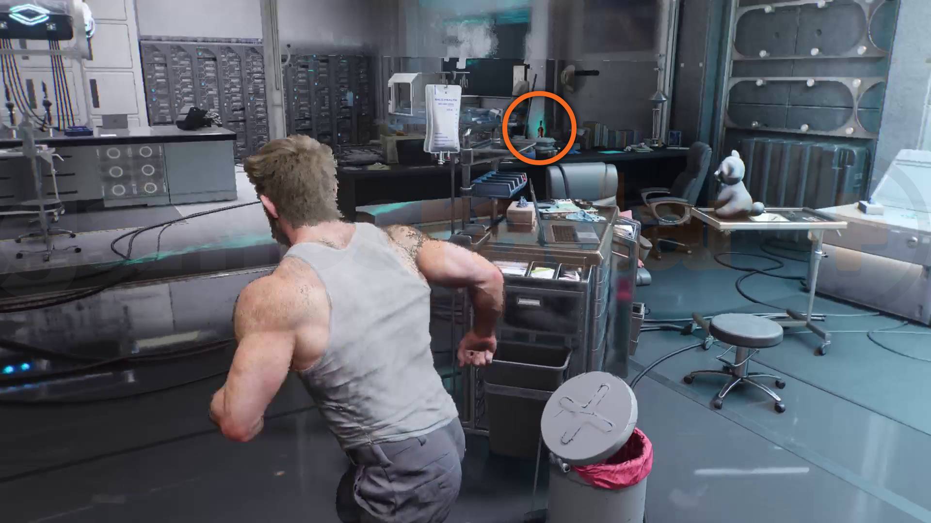 Marvel's Wolverine whiskey bottle in Walter's lab in Strays