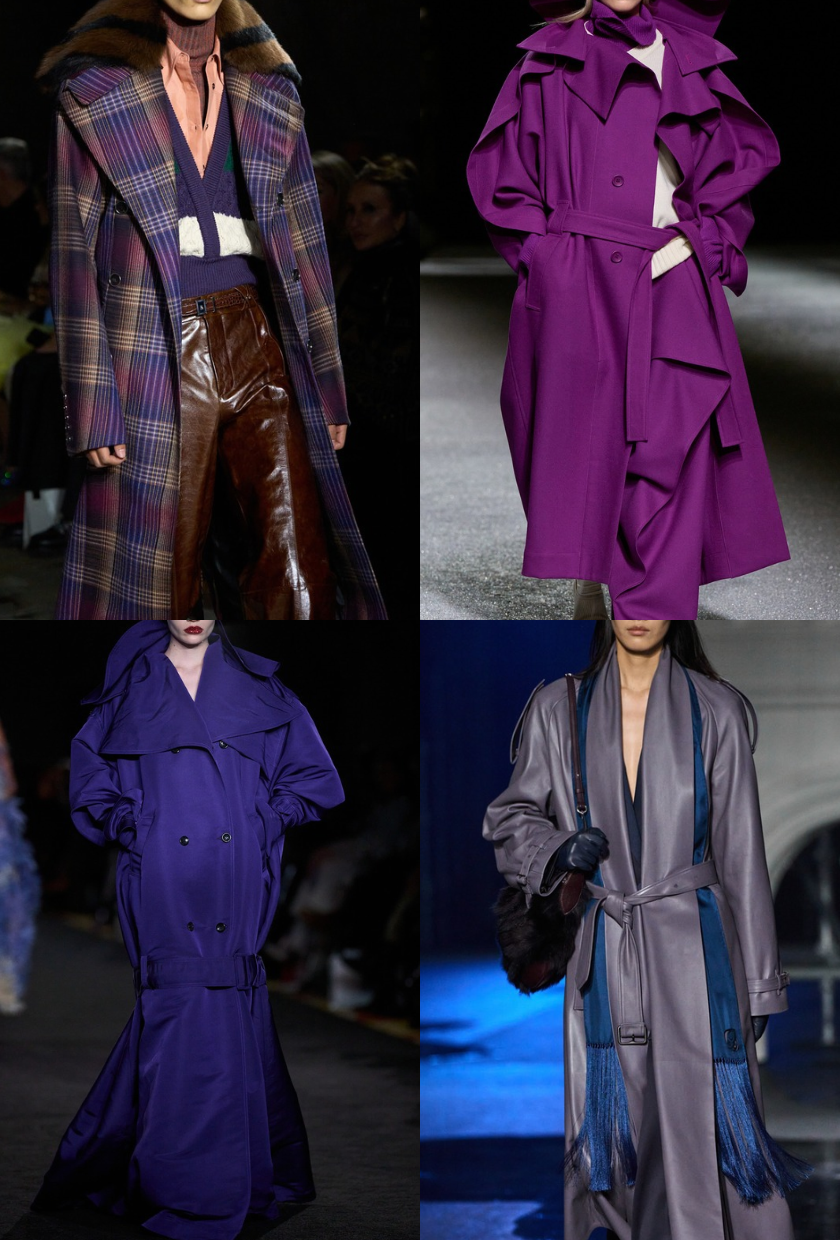Four images from the autumn/winter 2026 runways of purple coats in various shades, including plaid, lilac, indigo and grey-purple