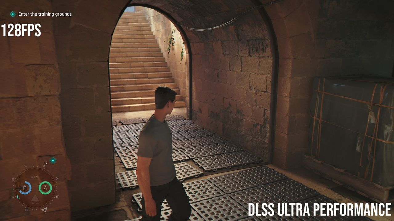 A scene from 007 First Light with DLSS set at ultra performance