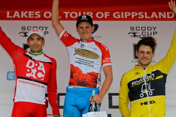 The Stage 7 podiium: Darren Lapthorne (Drapac), Jordan Kerby (Jayco-Honey Shotz) and Luke Davison (Budget Forklifts)