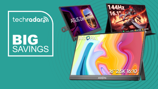 Three portable monitors on a cyan background next to a TechRadar badge reading 'Big Savings'