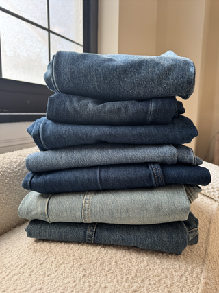 Stack of Free People jeans that Nikki Chwatt tested.