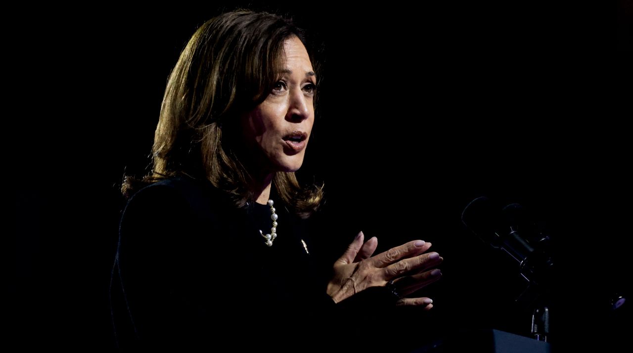 US Vice President Kamala Harris during a campaign event outside the Philadelphia Museum of Art in Philadelphia, Pennsylvania, US, on Monday, Nov. 4, 2024. 