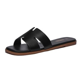 Rihero Black Flat Sandals for Women Dressy Summer Slip on Peep Toe Slide Black Sandals Size 8.5