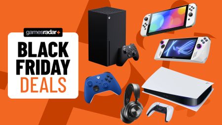 Gaming tech on orange background with Black Friday deals badge