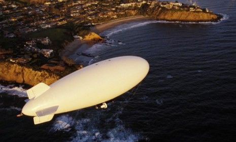 A blimp the approximate size of the Rose Bowl (much larger than the one pictured) could help cool the planet by spraying particles that reflect sunlight back into space.