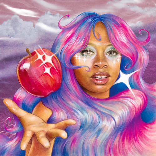 the album art for hemlocke springs&#039; the apple tree under the sea featuring a painting of her with colorufl hair and holding a sparkling apple