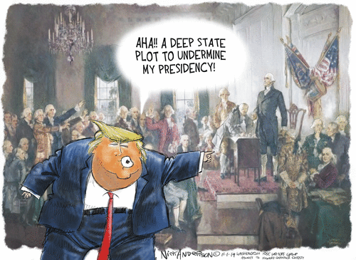 Political Cartoon U.S. Trump Deep State Conspiracy Blames Constitution Founders