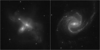 These two images of strange galaxies are some of the first views from the revived Hubble Space Telescope taken on July 17, 2021 after science operations resumed following a month of work to resurrect the observatory from a computer glitch. At right: the three-armed spiral galaxy ARP-MADORE0002-503. Left: An interacting galaxy pair called ARP-MADORE2115-273.