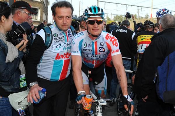 Stage one winner Andr&eacute; Greipel (Omega Pharma-Lotto) makes his way to the podium.
