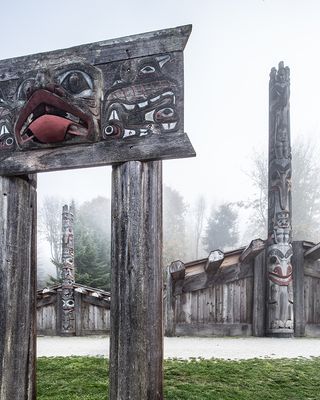 Museum of Anthropology at UBC, Vancouver, Canada showing modernist japanese inspired forms on misty day with artefacts inside