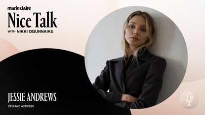 ceo and actress jessie andrews poses with her arms crossed in an image for the marie claire podcast nice talk