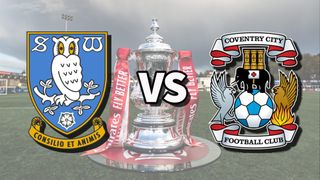 Sheffield Wednesday vs Coventry City football club logos over an image of the FA Cup Trophy