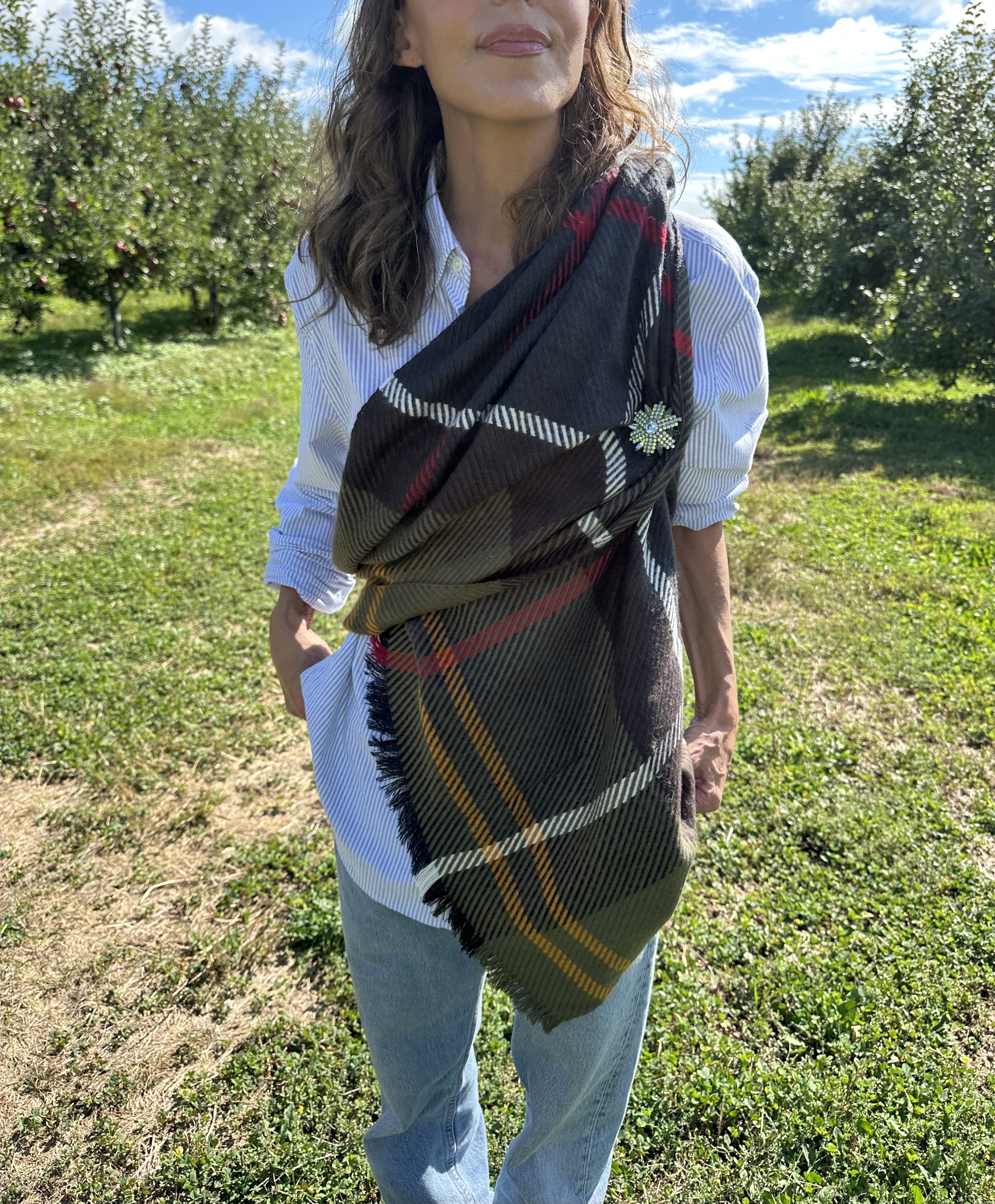 Larissa Mills wearing a blue and white striped button-down shirt, blue jeans, and plaid scarf as atop with a crystal flower brooch