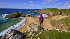 A man stands on a cliff above a beautiful rocky green coastline with a beach