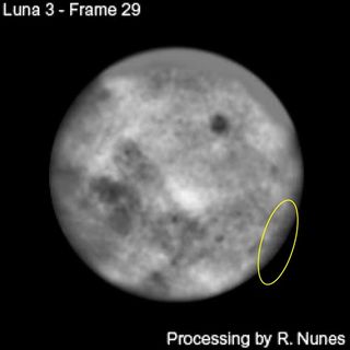 In 1959, the Soviet Luna spacecraft flew by the moon and concluded its mission by impacting the lunar surface. This image is a re-processed Luna 3 frame 29 taken on Oct. 7, 1959. The dark smudge of the South Pole-Aitken basin's western edge is circled. Th