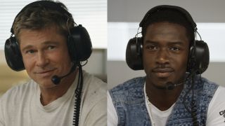 Brad Pitt and Damson Idris pictured individually, smiling and wearing headphones, in F1.