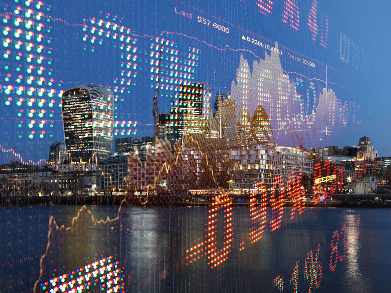 Stock market data overlaid over an image of the city of London