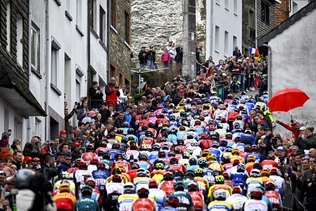 The pack of riders pictured in action during the men elite race of the LiegeBastogneLiege one day cycling event 2585km from Liege over Bastogne to Liege Sunday 23 April 2023 BELGA PHOTO JASPER JACOBS Photo by JASPER JACOBS BELGA MAG Belga via AFP Photo by JASPER JACOBSBELGA MAGAFP via Getty Images