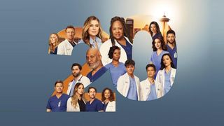 Promotional shot for Grey's Anatomy season 20 showing the cast of the show collaged within a big number 20