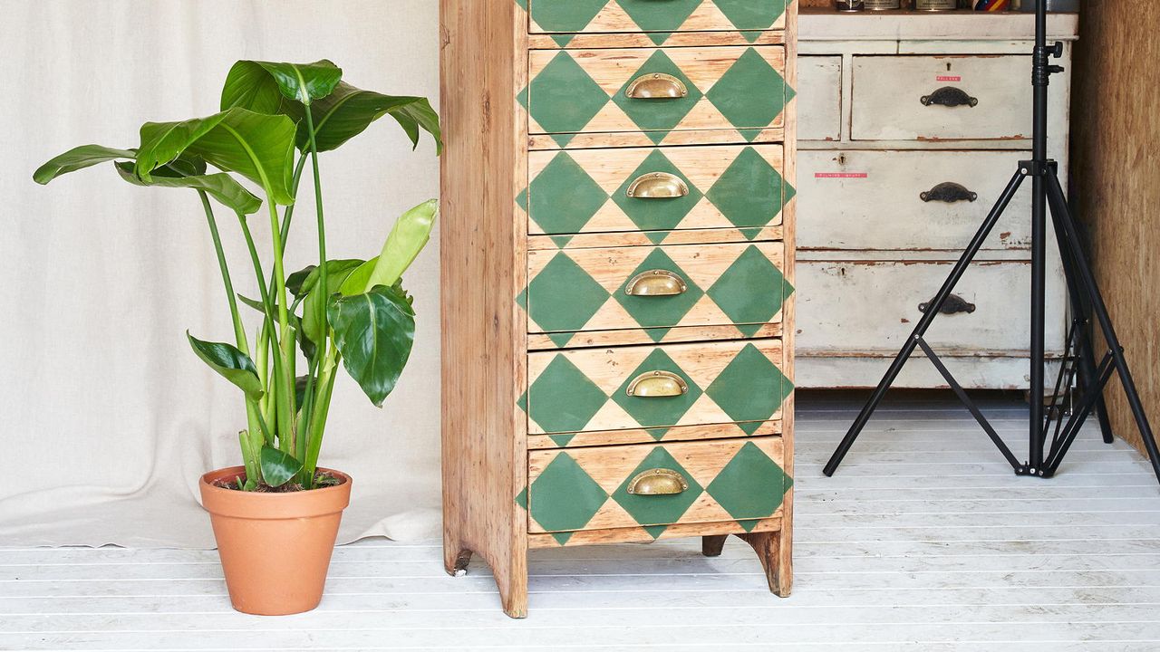 upcycled chest of drawers with green paint effect