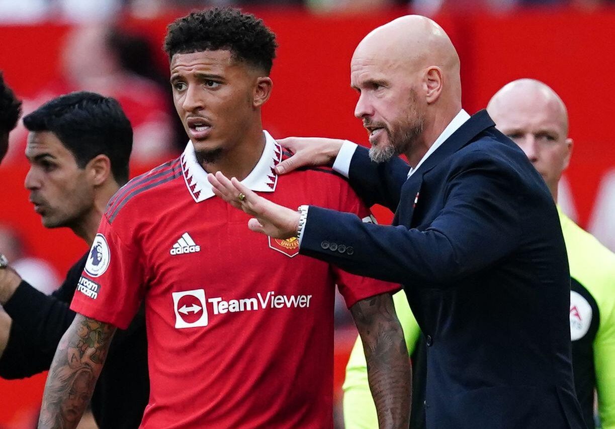 Manchester United manager Erik ten Hag gives instructions to Jadon Sancho during the Premier League match against Arsenal at Old Trafford, September 2022