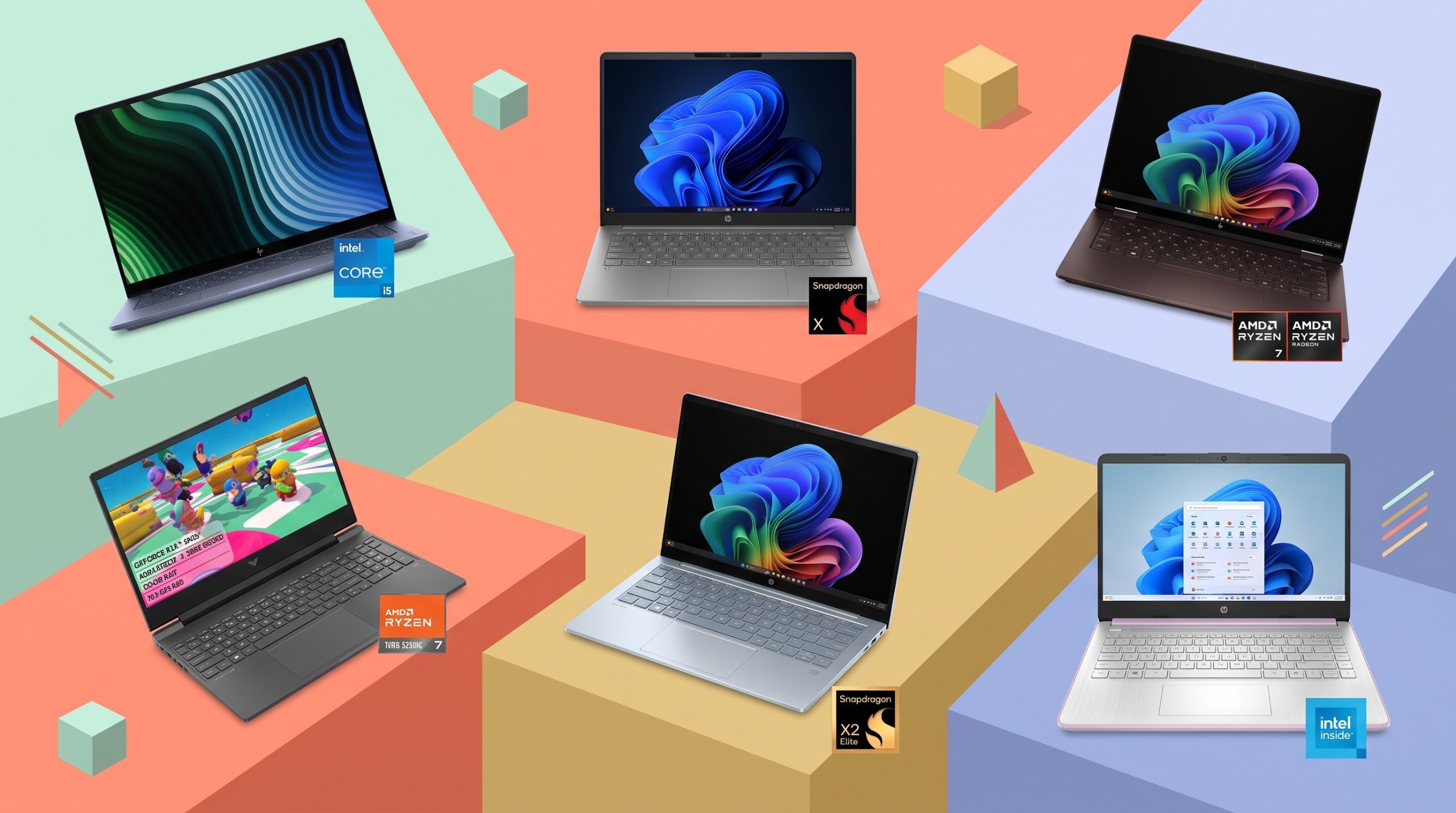 Assorted HP laptops on a multicolored backround with different shapes.