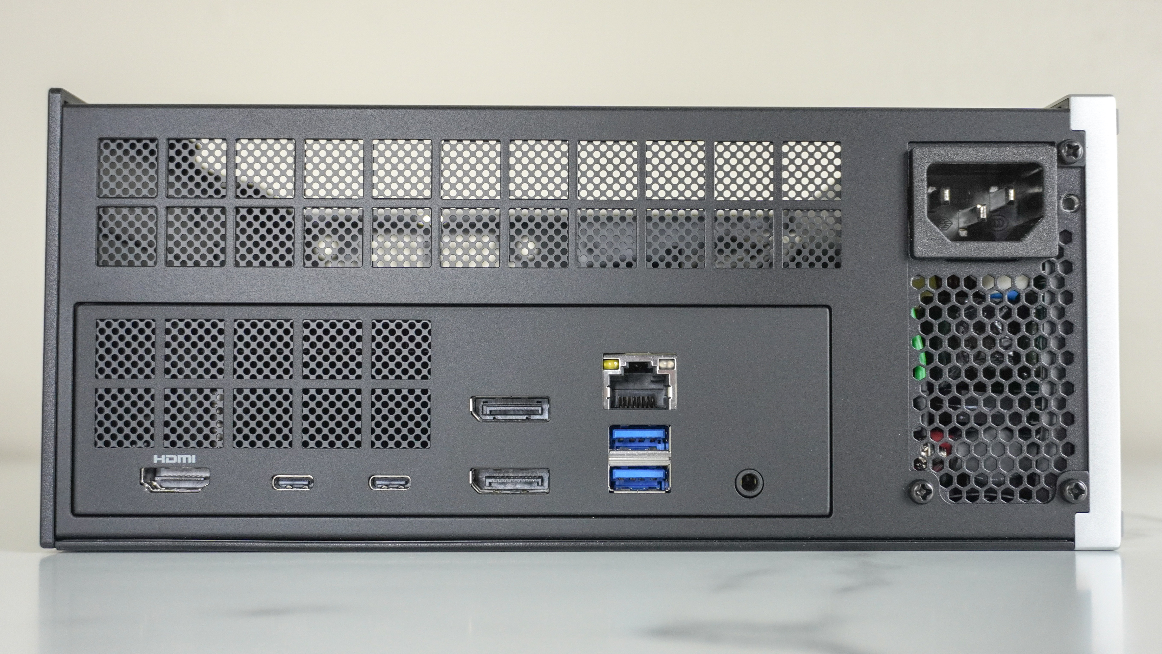 The rear ports of the Framework Desktop