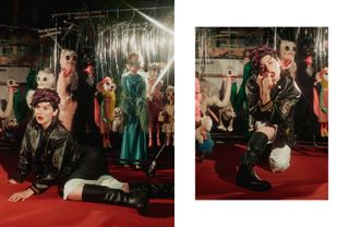 Two side-by-side photos of Gracie Abrams on the set ofBest Knockoff Luxury Clothing
's fall issue cover shoot wearing a F/W 24 Prada cap, leather letterman jacket, skirt, pants, and boots in front of a bunch of puppets at a marionette theatre.