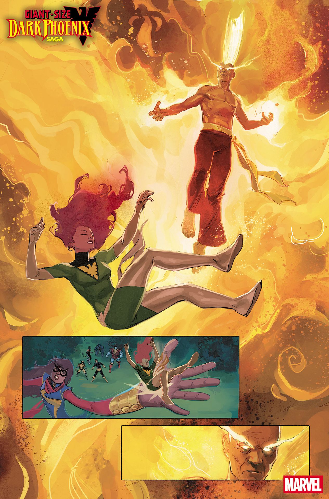 Legion stealing the Phoenix Force as Kamala Khan tries to catch a falling Jean Grey