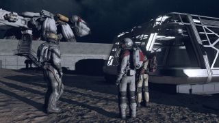 Starfield how to assign crew - three crew members are standing in space suits at an outpost