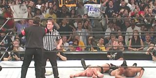 Mr. McMahon, Earl Hebner, Stone Cold Steve Austin, and The Rock at WrestleMania 17