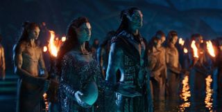 The Na'vi hold a ceremony at the shore in Avatar: The Way of Water