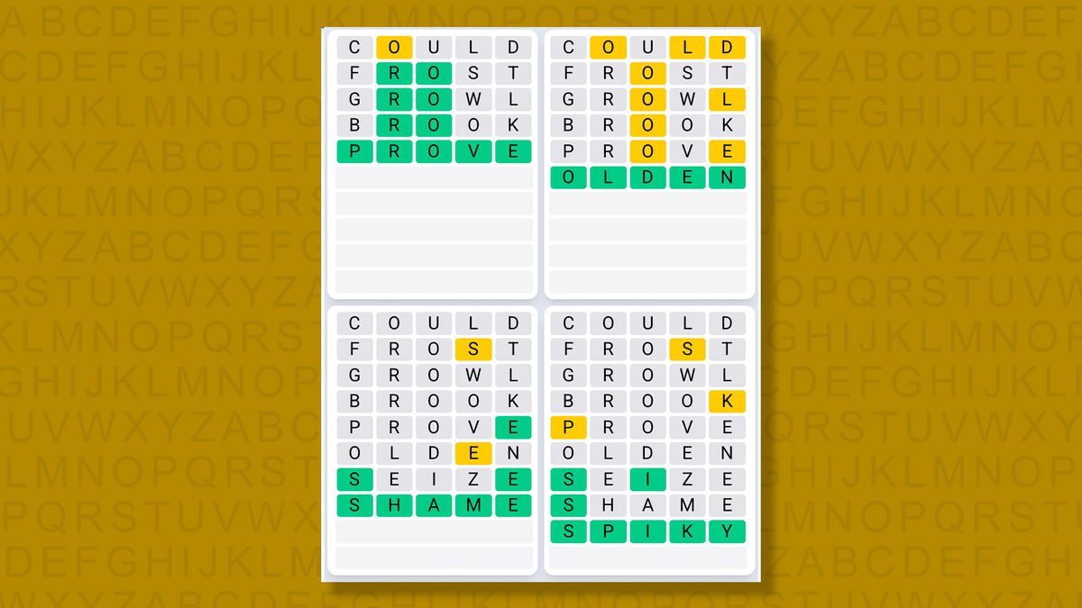Quordle Daily Sequence answers for game 1579 on a yellow background