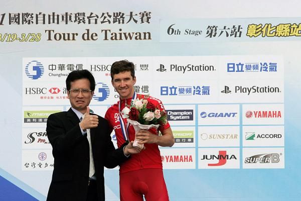Stage six winner Adam Semple (Drapac) on the podium.