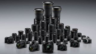 Nikon's entire range of mirrorless cameras and Z-mount lenses in 2024, on a gray background
