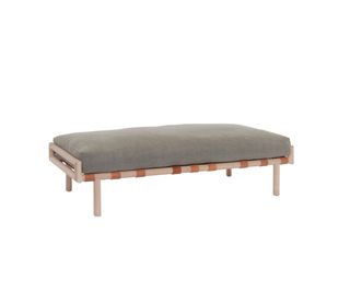 wooden framed bench seat with long gray cushion