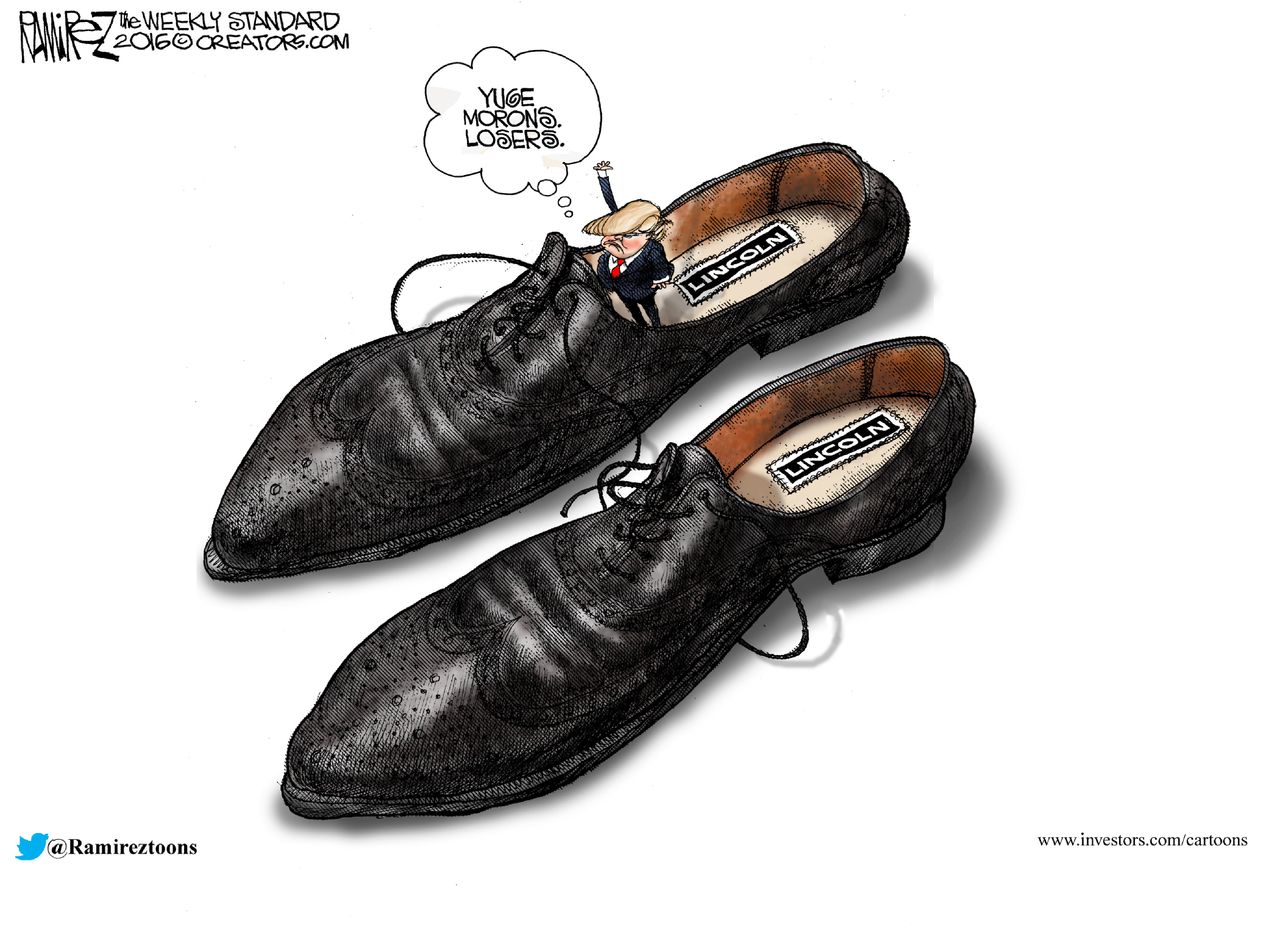 Political Cartoon U.S. Trump Lincoln&amp;#039;s shoes