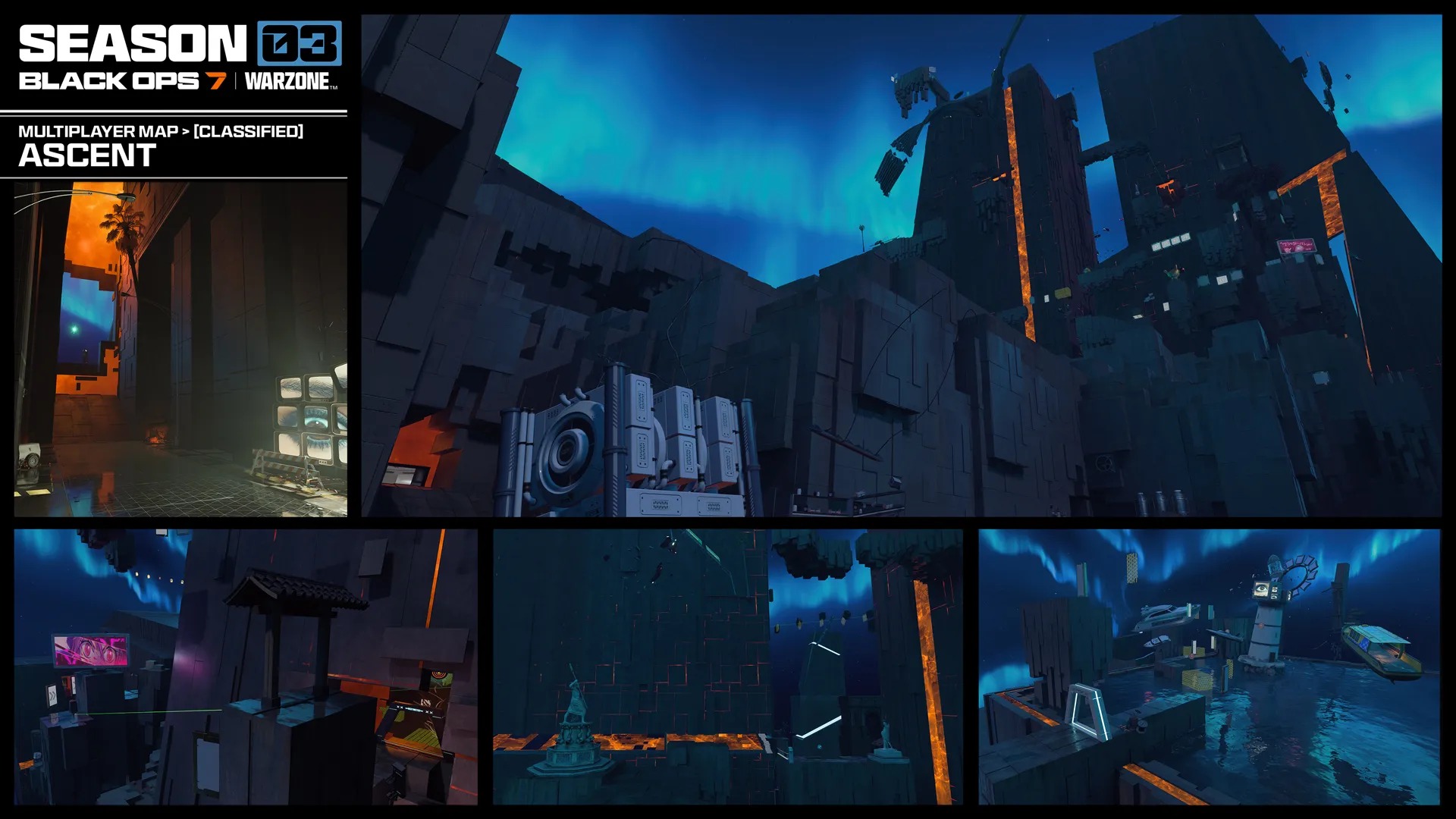 Call of Duty: Black Ops 7 Season 3 screenshots including weapon prestige camos, new mode gameplay for freerun and demolition, and new operator skins.