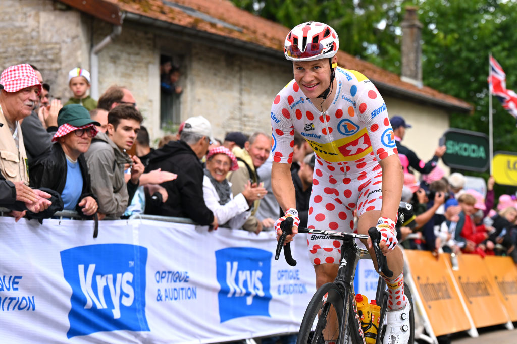 COLOMBEY-LES-DEUX-EGLISES, FRANCE - JULY 06: Jonas Abrahamsen of Norway and Team Uno-X Mobility - Polka Dot Mountain Jersey crosses the finish line during the 111th Tour de France 2024, Stage 8 a 183.4km stage from Semur-en-Auxois to Colombey-les-Deux-Eglises 352m / #UCIWT / on July 06, 2024 in Colombey-les-Deux-Eglises, France. (Photo by Tim de Waele/Getty Images)
