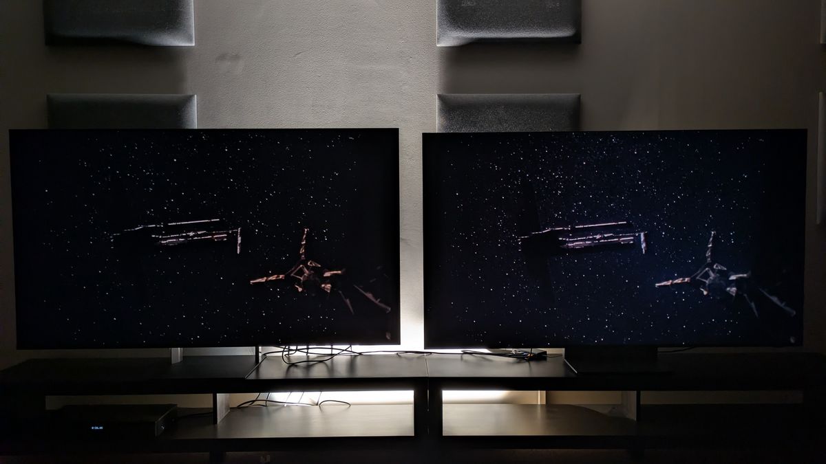 Sony Bravia 9 II vs Samsung R95H showing shot of space from Project Hail mary. Both TVs show deep black levels, but the Bravia 9 II's are deeper