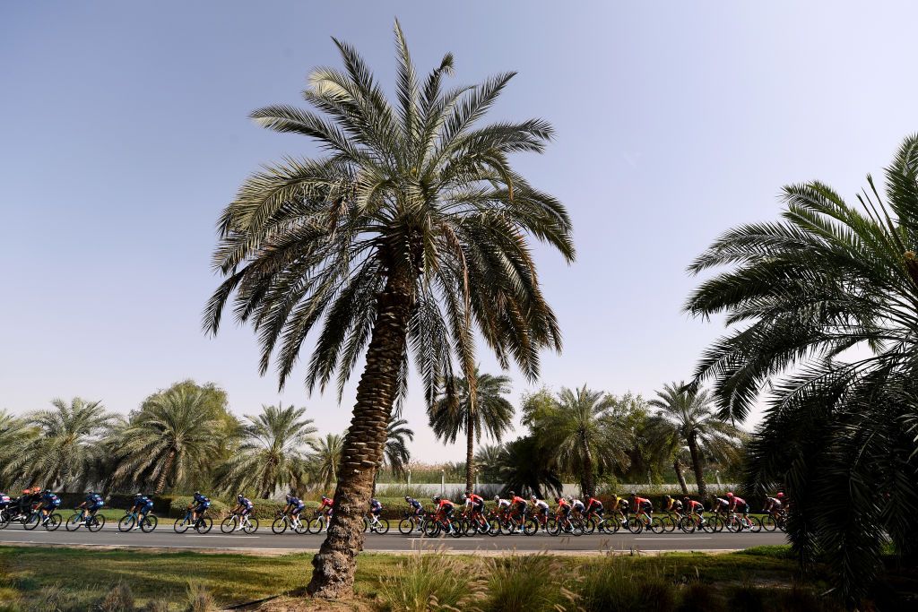 ABU DHABI UNITED ARAB EMIRATES FEBRUARY 21 A general view of the peloton passing through a landscape during the 4th UAE Tour 2022 Stage 2 a 176km stage from Hudayriyat Island to Abu Dhabi Breakwater UAETour WorldTour on February 21 2022 in Abu Dhabi United Arab Emirates Photo by Tim de WaeleGetty Images