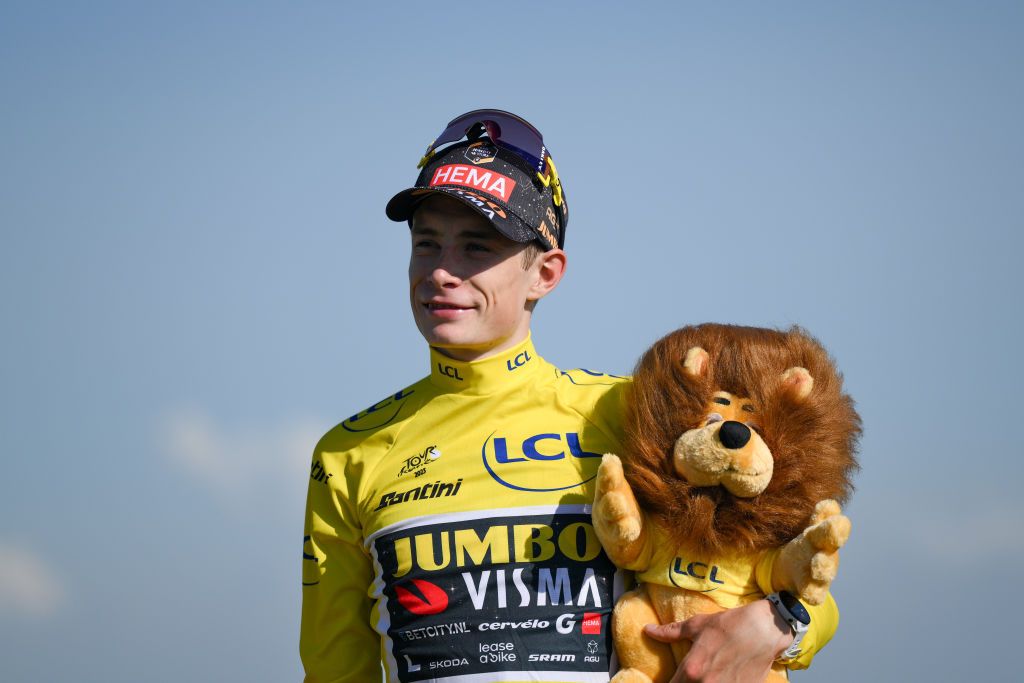 PUY DE DME FRANCE JULY 09 Jonas Vingegaard of Denmark and Team JumboVisma Yellow Leader Jersey celebrates at podium during the stage nine of the 110th Tour de France 2023 a 1824km stage from SaintLonarddeNoblat to Puy de Dme 1412m UCIWT on July 09 2023 in Puy de Dme France Photo by David RamosGetty Images