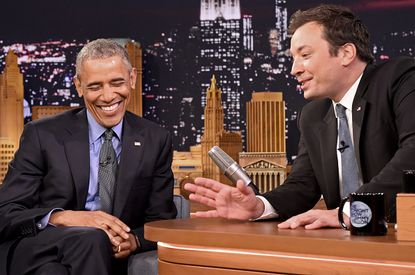 President Obama cracks himself up during an interview with Jimmy Fallon.